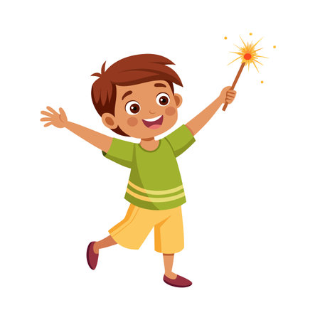 Joyful Cartoon Boy Celebrates with a Sparkler, Full of Excitement and Happinessのイラスト素材