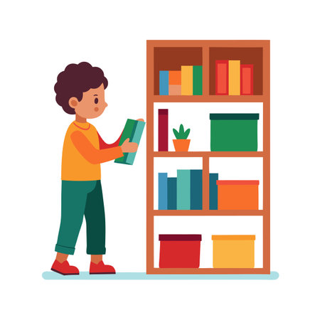 Boy selecting a book from a shelf filled with colorful books and containersのイラスト素材
