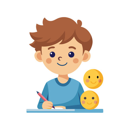 Cartoon Boy Writing with Smiley Face Icons, Illustrative Flat Vector Stock Imageのイラスト素材