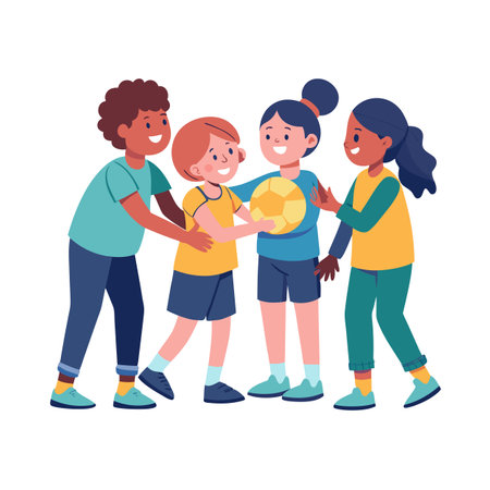 Diverse group of children playing with a soccer ball, teamwork, and friendship conceptのイラスト素材