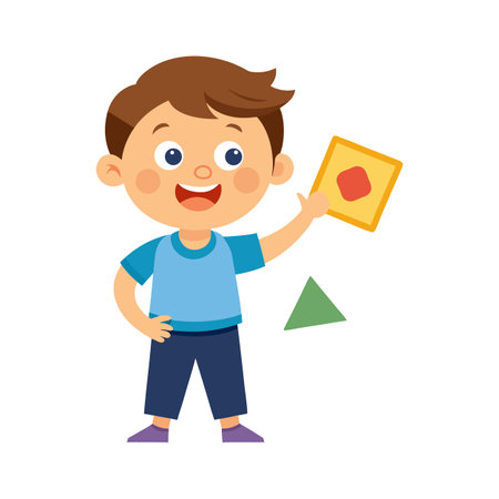 Cartoon Boy Holding Square Shape With Triangle Geometric Shape Illustration on Whiteのイラスト素材