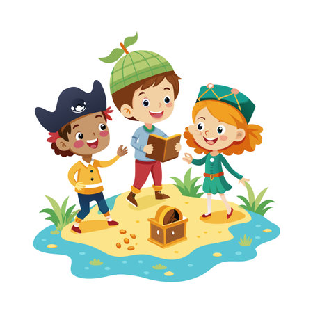 Cartoon Children Discovering Treasure: Playful Scene of Pirates and Adventure on Desert Islandのイラスト素材