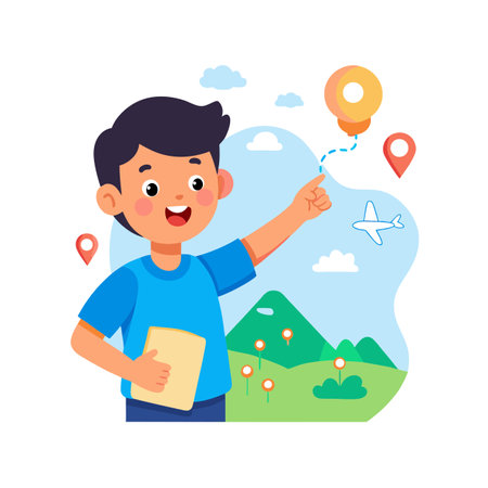 Boy planning a trip with map and airplane in flat design illustrationのイラスト素材