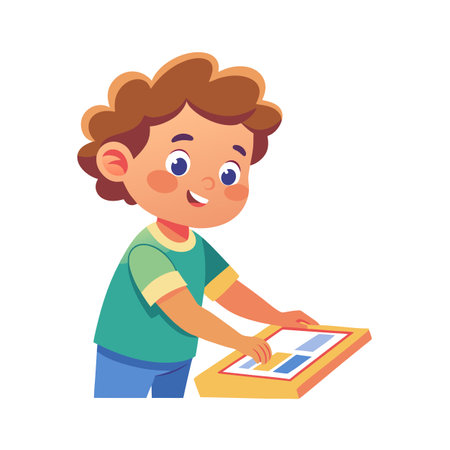 Young Boy Playing with Educational Toy Tablet, Vector Illustration for Children's Activitiesのイラスト素材