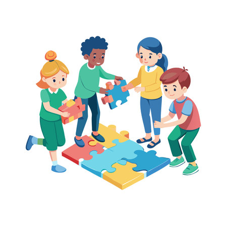 Diverse Children Collaborating on Giant Puzzle: Teamwork and Problem-Solving Concept Illustrationのイラスト素材