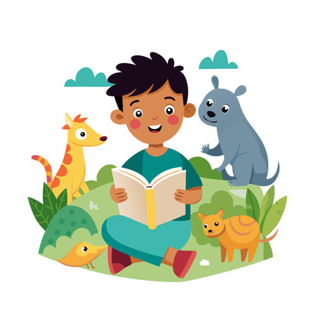 Boy Reading a Book with Animals Illustration for Children's Story, Books or Educational Materialsのイラスト素材