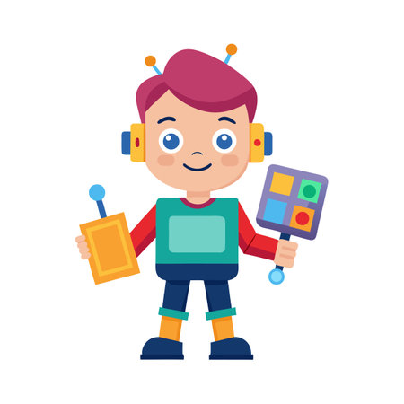 Cartoon Boy Dressed as a Robot Holding Control Devices, Isolated on Whiteのイラスト素材