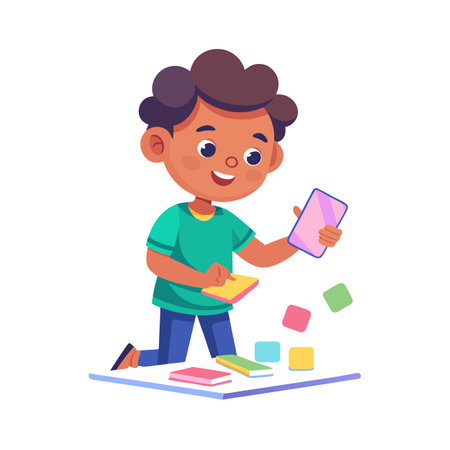 Young boy learning and playing with colorful blocks, using educational apps on a tablet.のイラスト素材