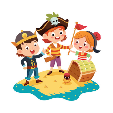 Cartoon Pirates on a Treasure Hunt: Adventure with Kids and Buried Treasureのイラスト素材