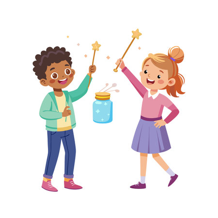 Two Children with Magic Wands and a Jar of Wishes Illustration, Happy and Playfulのイラスト素材