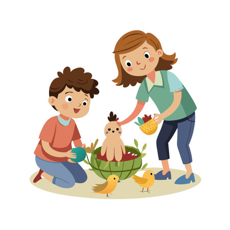 Cartoon illustration of mother and child with bird nest and cute yellow chicksのイラスト素材