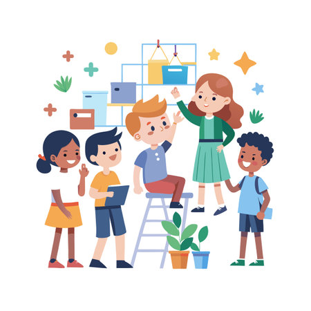 Diverse group of children organizing items in a cheerful classroom setting with shelves and plants.のイラスト素材