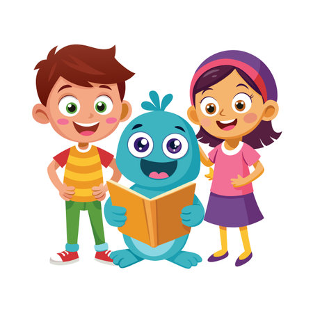 Cartoon illustration featuring a boy, girl and monster reading a book in a bright settingのイラスト素材
