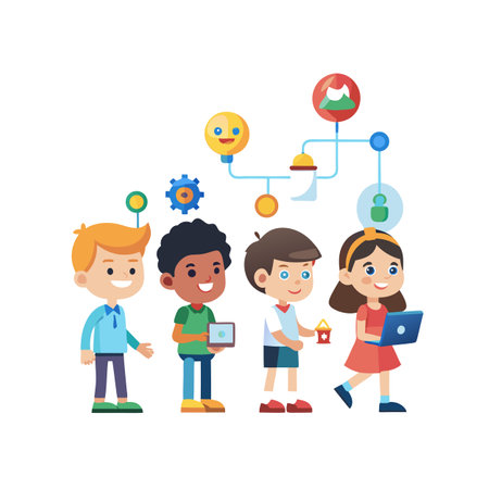 Diverse group of cartoon children using technology connected by a bright network conceptのイラスト素材