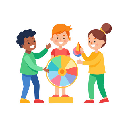 Children Playing Game with a Fortune Wheel and Geometrical Objects, Smiling and Having Funのイラスト素材