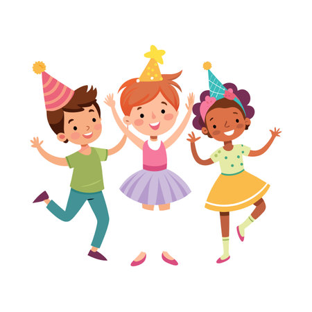 Festive Cartoon Illustration of Kids Celebrating a Birthday or Party Eventのイラスト素材