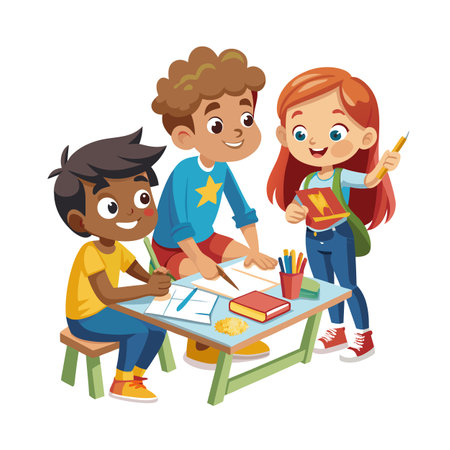 Illustrative Children Working on Project Together at Table with Books and Drawing Suppliesのイラスト素材