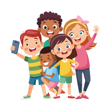 Diverse group of cheerful kids taking a selfie, friendship and happy childhood conceptのイラスト素材
