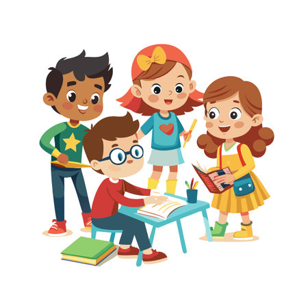Diverse Group of Young Students Learning and Studying Together in a Colorful Educational Settingのイラスト素材