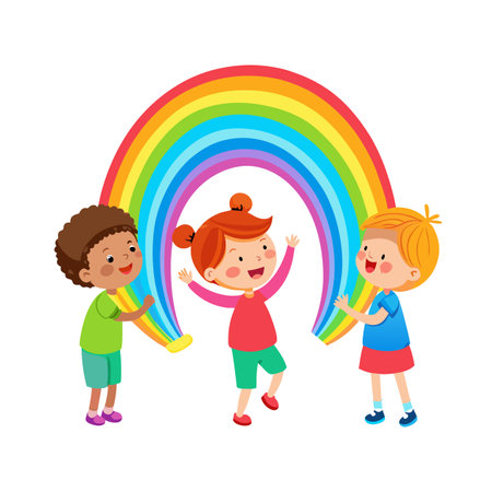 Cartoon children holding a vibrant rainbow against a white background creating a cheerful and playful sceneのイラスト素材