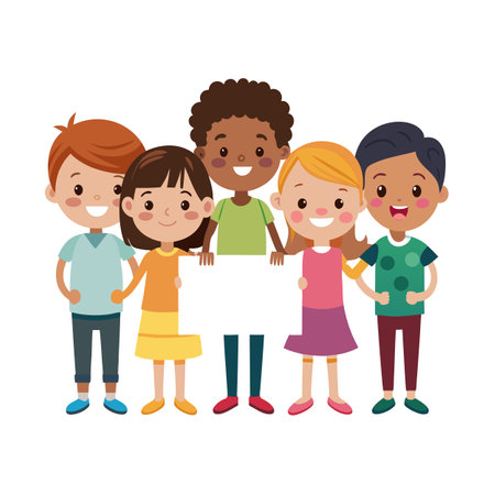 Group of Cheerful Diverse Children Holding a Blank Sign, Perfect for Educational and Promotional Purposesのイラスト素材