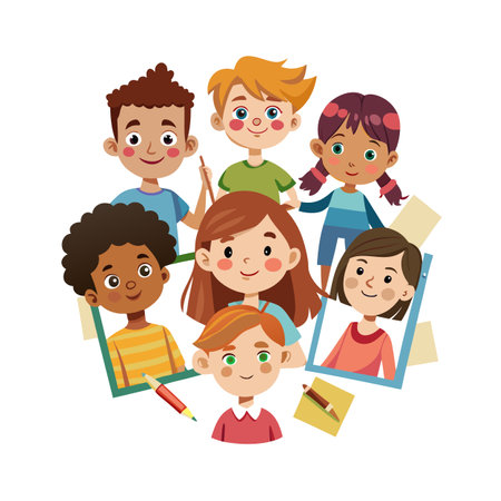 Diverse group of children depicted in flat vector style, portrait photos and educational conceptのイラスト素材