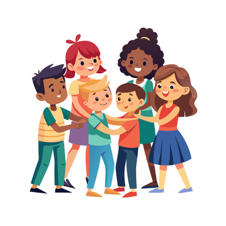 Group of diverse children embracing in a joyful scene, illustration style over white backgroundのイラスト素材
