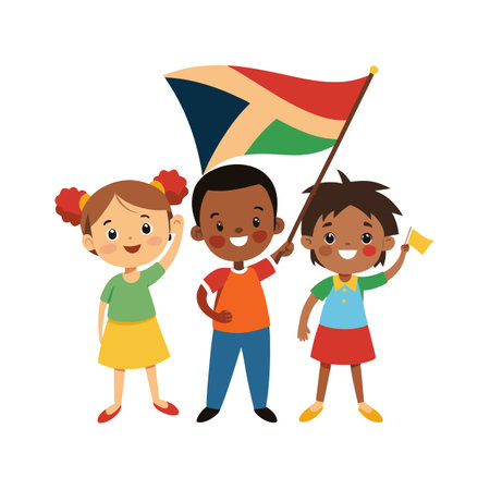 Diverse children happily waving flags representing unity and national pride against a clean white backgroundのイラスト素材