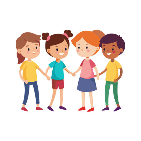 Four diverse children holding hands in a row, smiling and showing unity and friendshipのイラスト素材