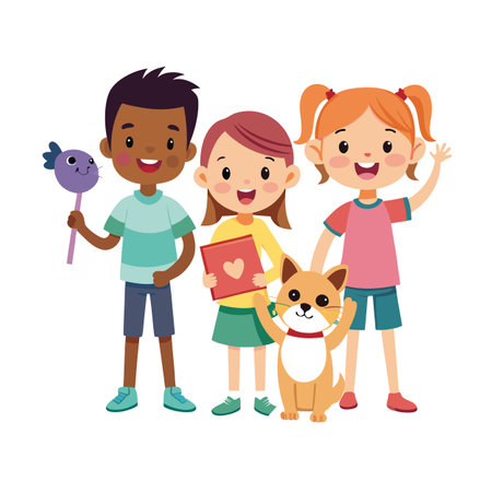 Happy diverse children and a cat standing together, enjoying friendship in a flat vector illustration.のイラスト素材