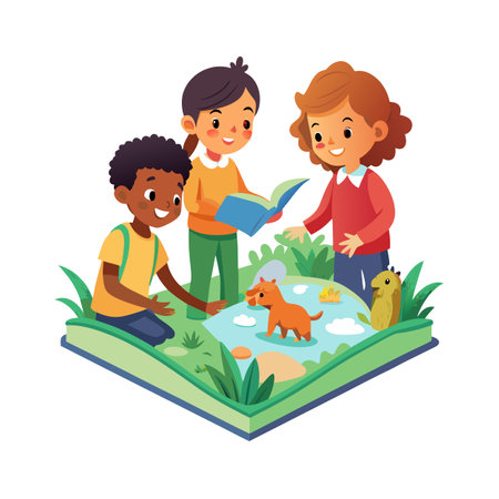 Diverse children reading a storybook featuring a miniature landscape with dog and squirrelのイラスト素材