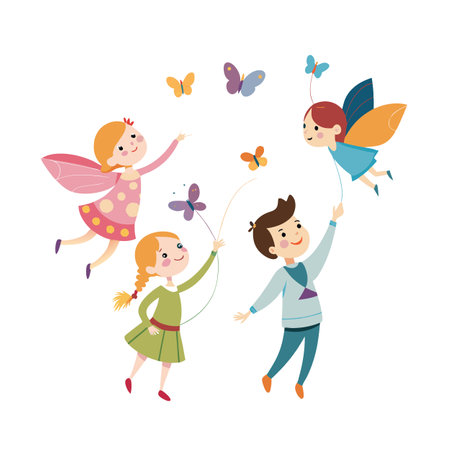 Children playing with fairy and butterflies in a cartoon style illustration with white backgroundのイラスト素材