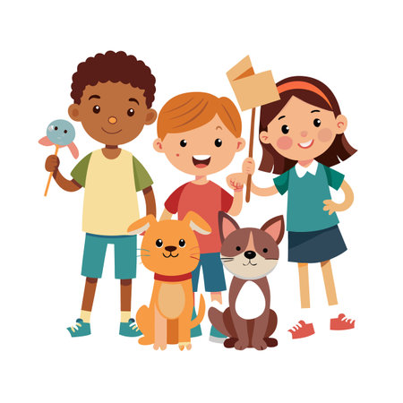 Cheerful Cartoon Children and Pet Animals Standing Together, Holding Toys and Signs in Flat Styleのイラスト素材