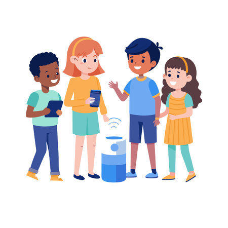 Group of diverse children interacting with a smart speaker, technology education illustrationのイラスト素材