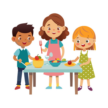Three children preparing a fruit salad together at a light blue kitchen tableのイラスト素材