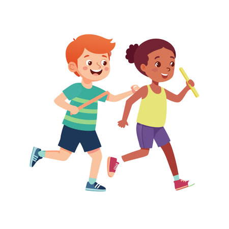 Children in Relay Race Pass the Baton, Illustrating Teamwork and Sportsmanshipのイラスト素材