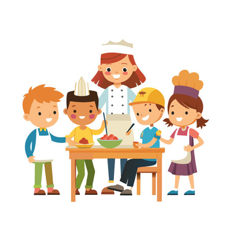 Cartoon kids cooking class with instructor preparing food at a wooden table togetherのイラスト素材
