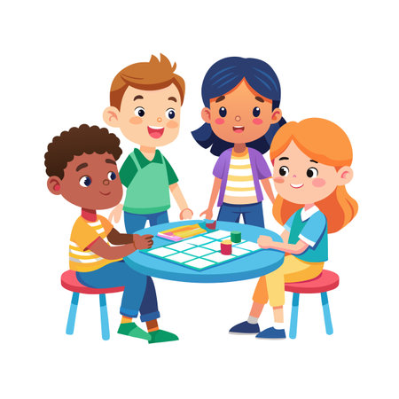 Children playing board game together at round table, happy diverse friends conceptのイラスト素材