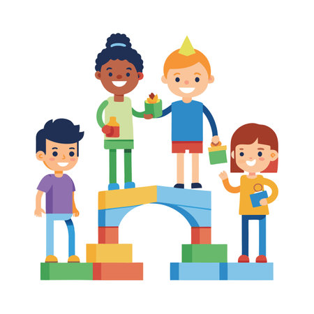 Group of diverse children building tower with blocks in a playful flat vector styleのイラスト素材
