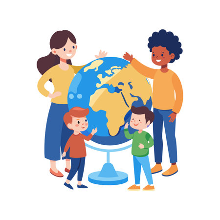 Teacher and Children Learning Geography with Globe Illustration in Cartoon Styleのイラスト素材