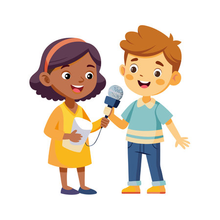 Cartoon children interviewing, a boy holding the microphone and a girl with paper, isolatedのイラスト素材