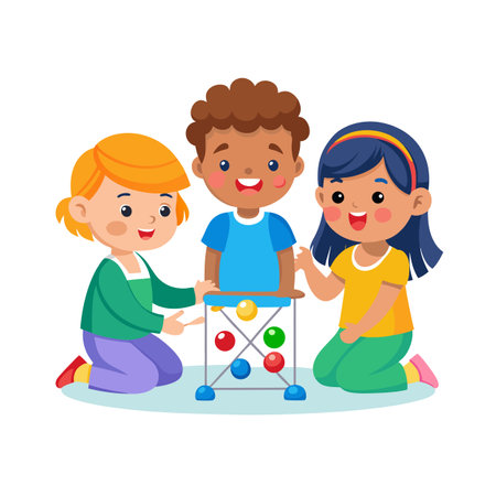 Diverse group of young children playing together with an educational toy on white backgroundのイラスト素材