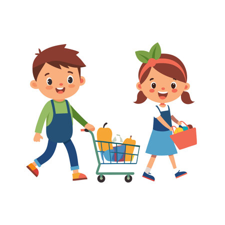 Children shopping for groceries, a boy pushing cart and girl holding basketのイラスト素材