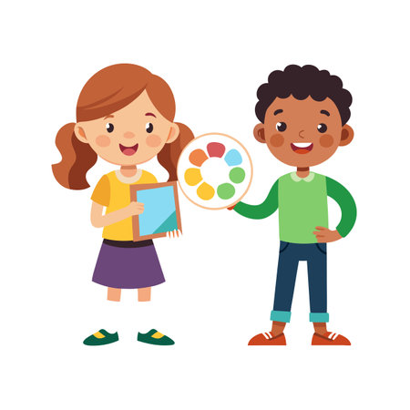 Cartoon illustration of children with artwork, showcasing creativity and diverse representation in a playful styleのイラスト素材