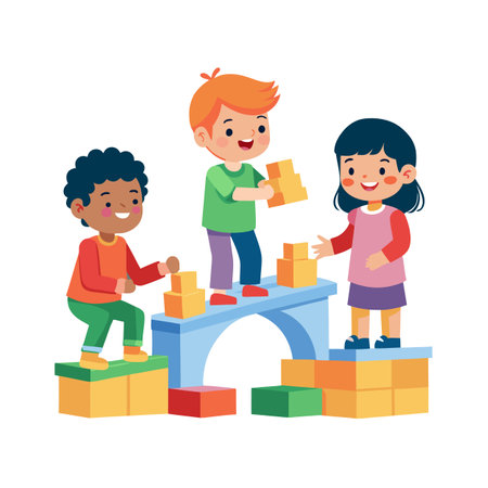 Children Playing with Blocks on a Colorful Structure Flat Vector Illustrationのイラスト素材
