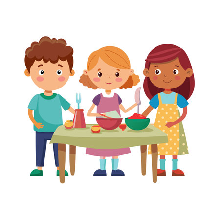 Three children cooking together around a table in a vector illustrationのイラスト素材