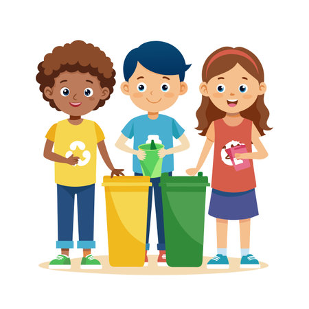 Kids sorting waste into recycling bins, teaching about environmental responsibility and waste managementのイラスト素材