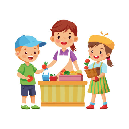 Children Buying Fresh Produce at a Farmer's Market, Healthy Food Cartoon Illustrationのイラスト素材