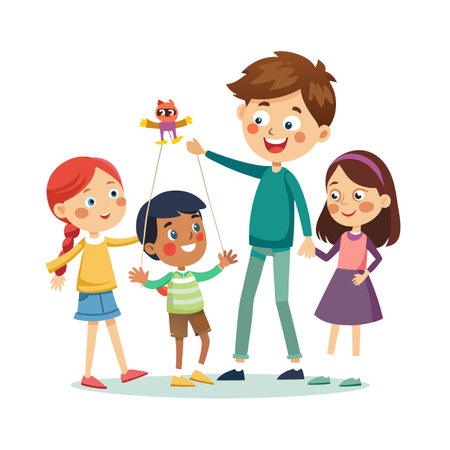 Cartoon illustration of children watching a puppet show presented by an older siblingのイラスト素材