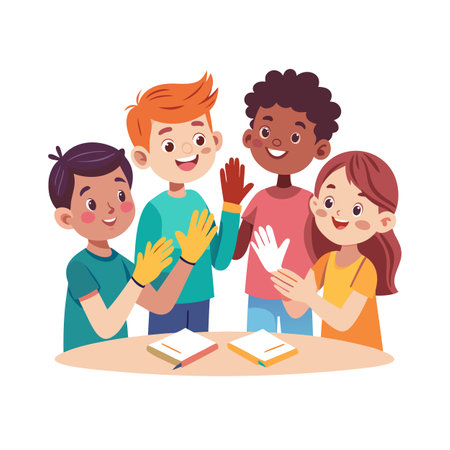 Diverse group of children preparing for art project with paint, paper and glovesのイラスト素材